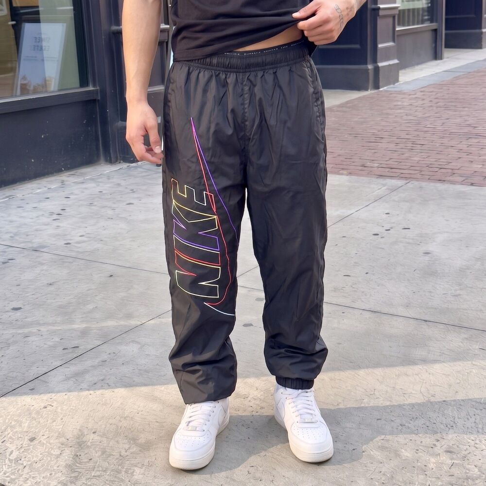 Nike Vintage Rare Windrunner Neon Nylon Soccer Pants Trackies Glanz Black Small